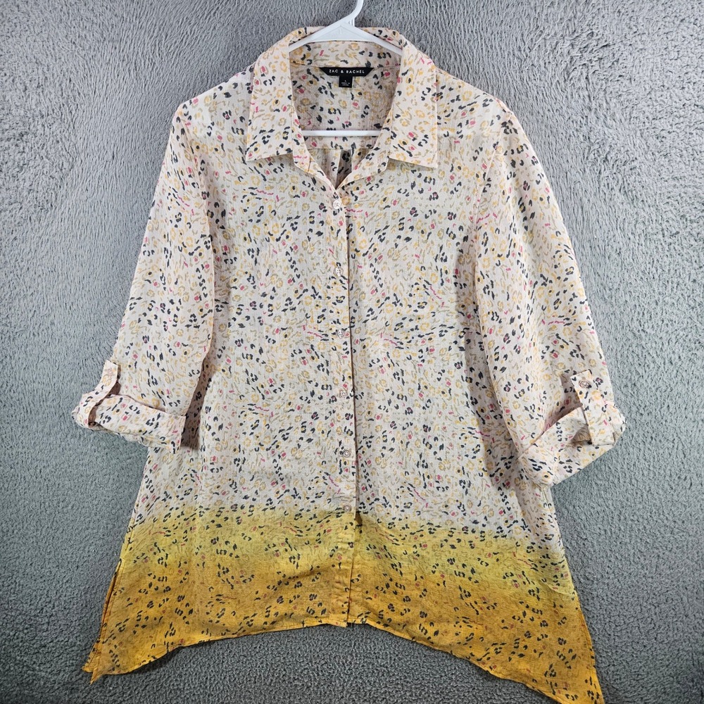 Zac & Rachel Womens Large Leopard Print Dip Dye Ombre Sharkbite Button Up Blouse